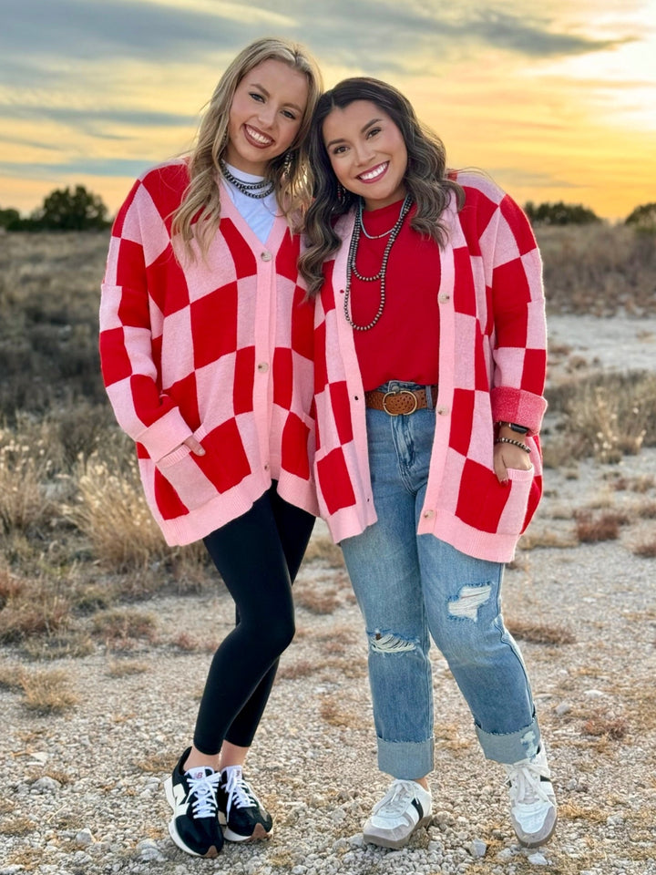 Orlinda Red & Pink Checkered Cardigan