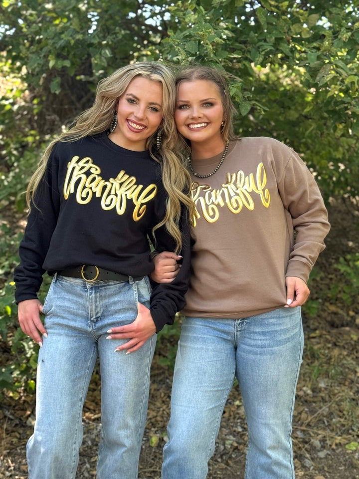 Thankful in Gold Metallic Puff Sweatshirt by Texas True Threads