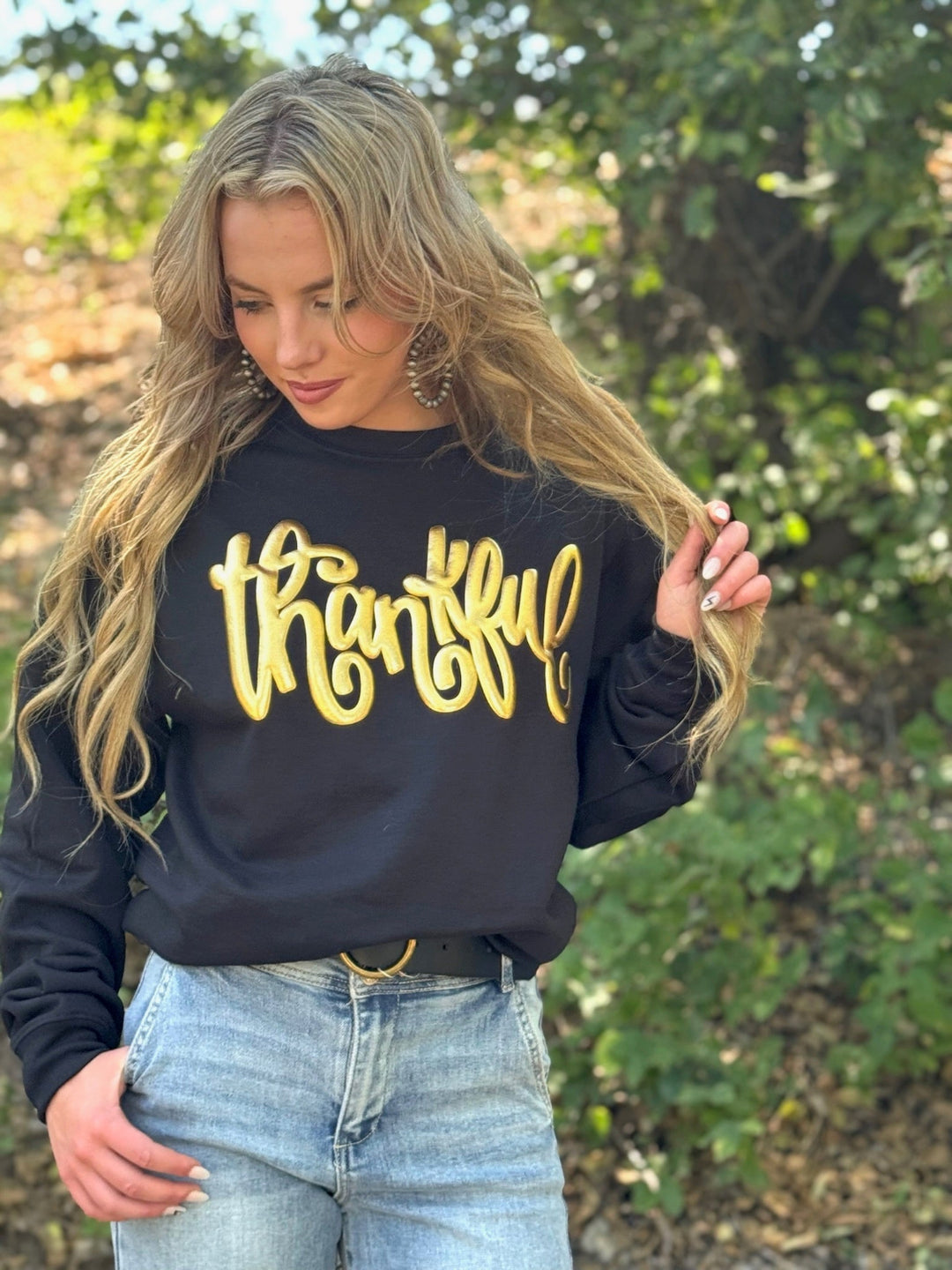 Thankful in Gold Metallic Puff Sweatshirt by Texas True Threads