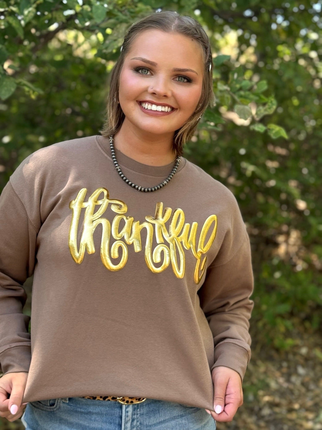 Thankful in Gold Metallic Puff Sweatshirt by Texas True Threads