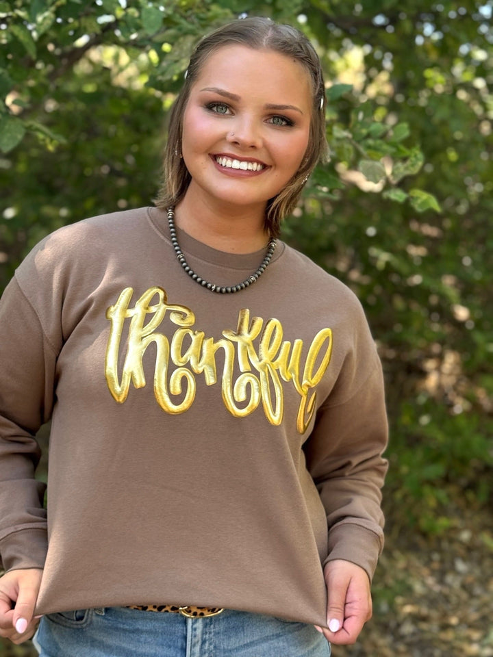 Thankful in Gold Metallic Puff Sweatshirt by Texas True Threads