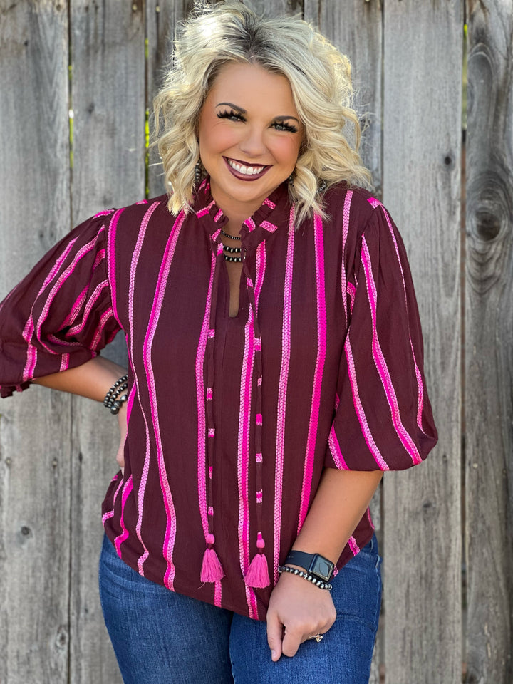 Lesa Brown & Pink Bubble Sleeve Blouse by Ivy Jane