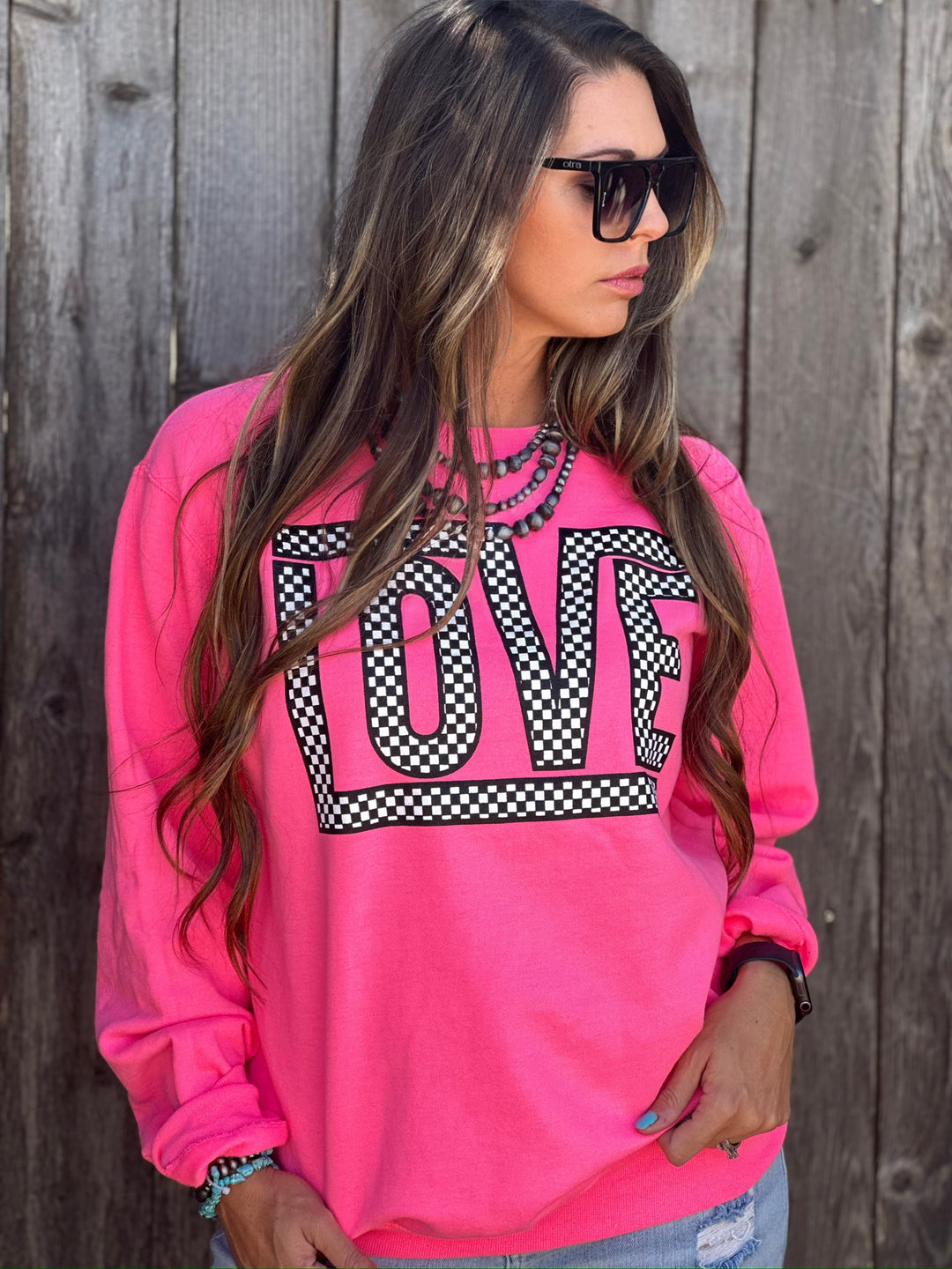 Pink Funky Checkered Love Sweatshirt by Texas True Threads