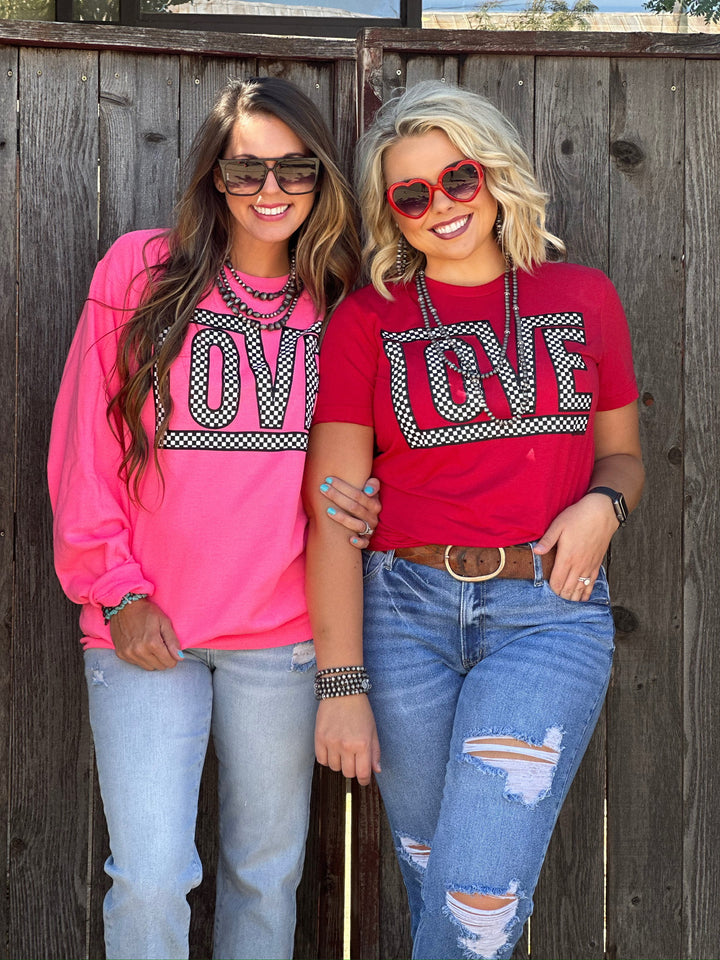 Pink Funky Checkered Love Sweatshirt by Texas True Threads