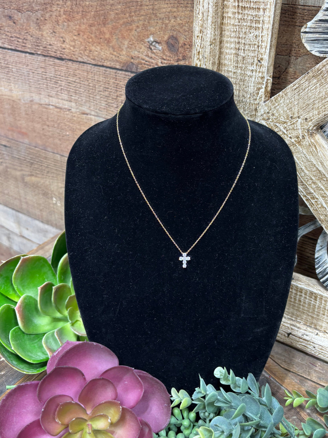 Aime Rhinestone Gold Cross Necklace