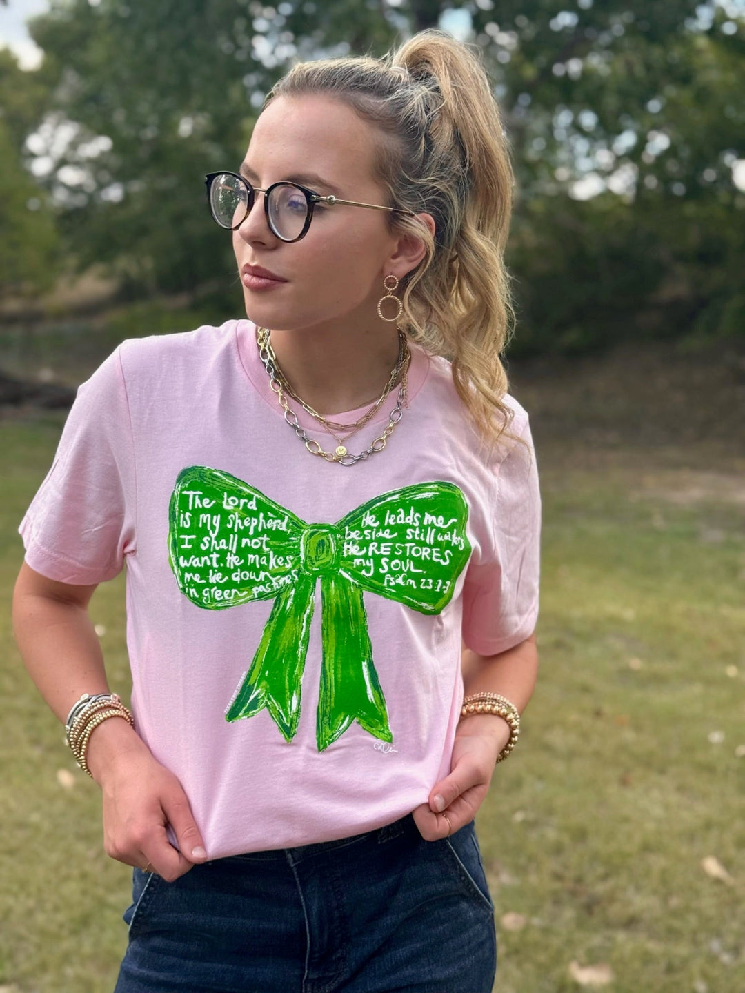 Callie's Psalm 23 Green Bow Graphic Tee by Texas True Threads
