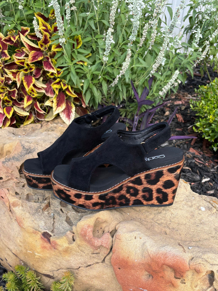 Freddie Black Faux Suede Leopard Wedge Sandal by Corkys
