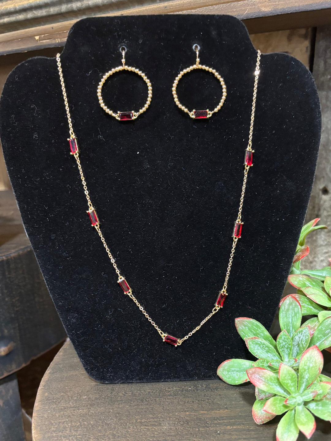 San Gold Hoops with Red Stone