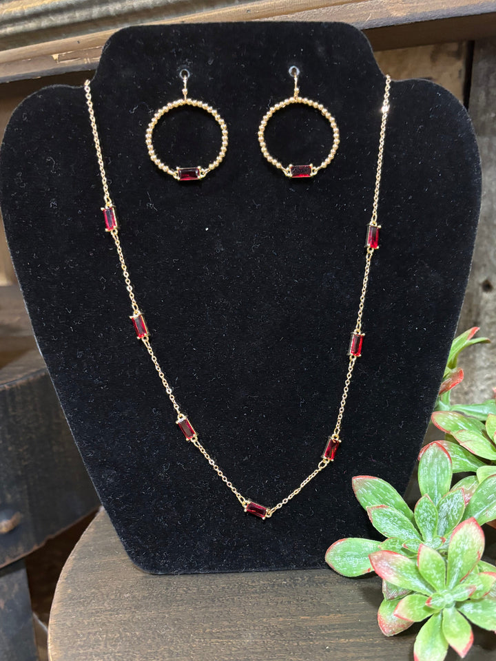 San Gold Hoops with Red Stone