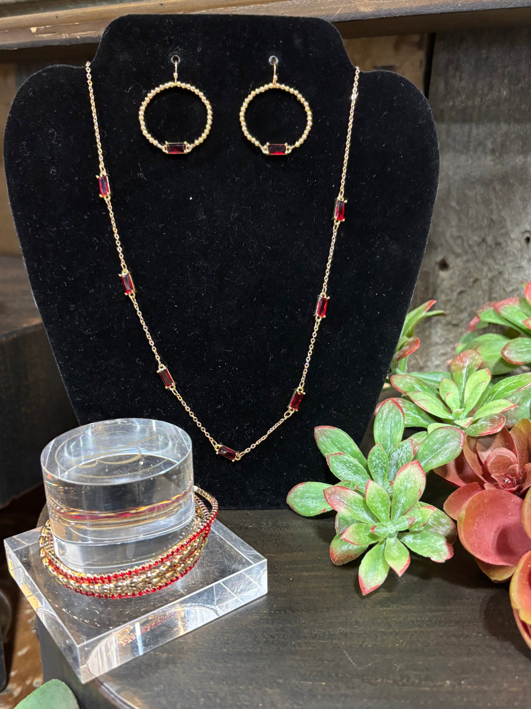 San Gold Hoops with Red Stone