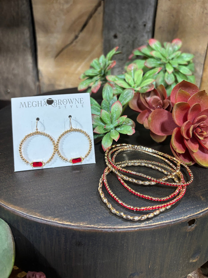 San Gold Hoops with Red Stone