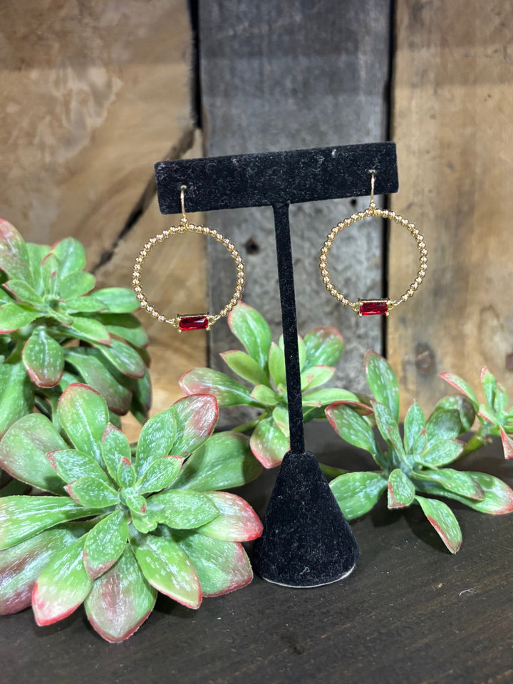San Gold Hoops with Red Stone