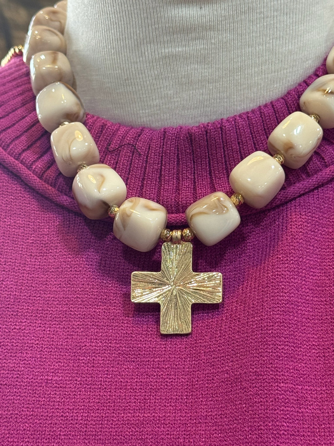 Chunky Marbled Necklace with Cross Pendant