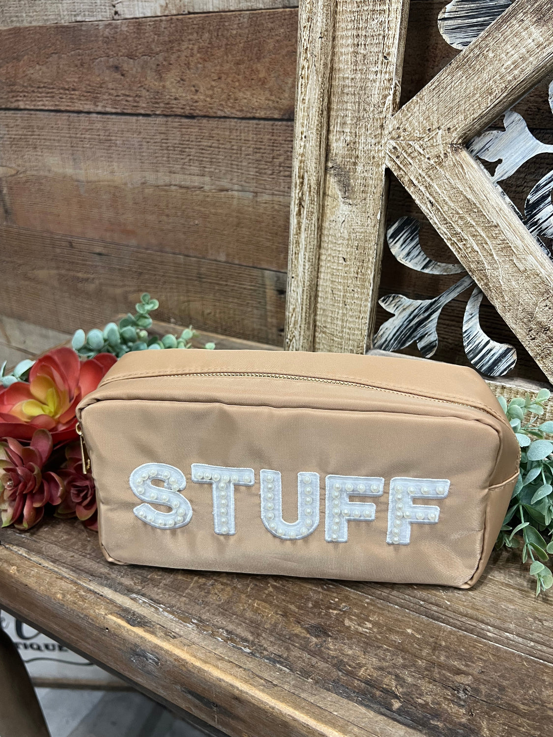 "Stuff" Pearl Studded Cosmetic Bag - Thumbnail 2