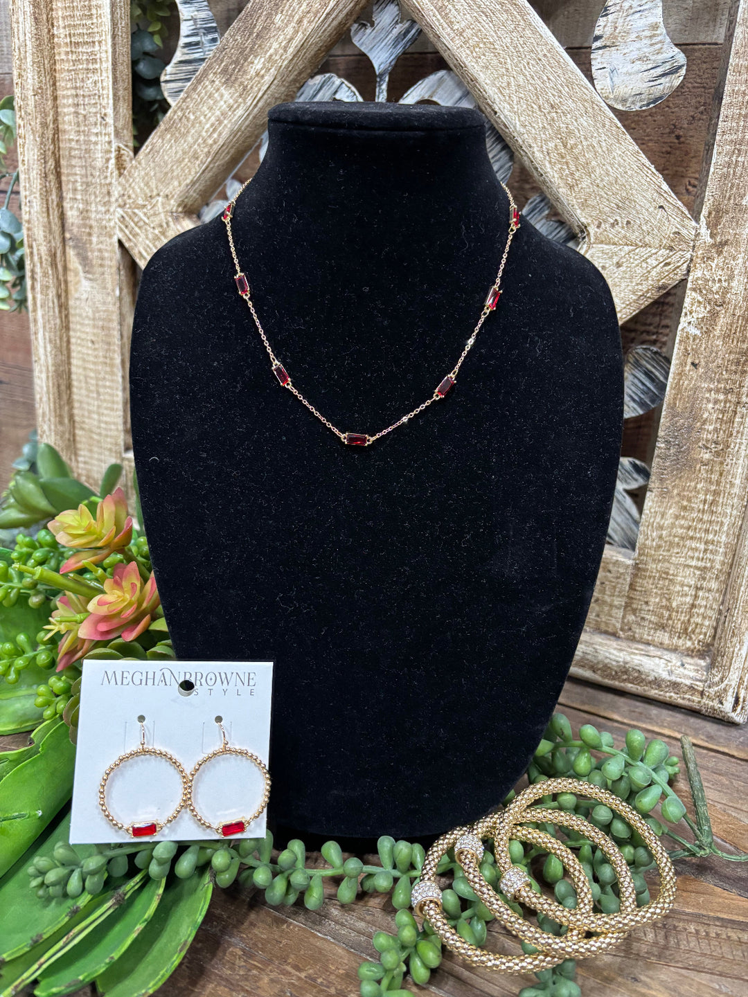 San Gold Hoops with Red Stone
