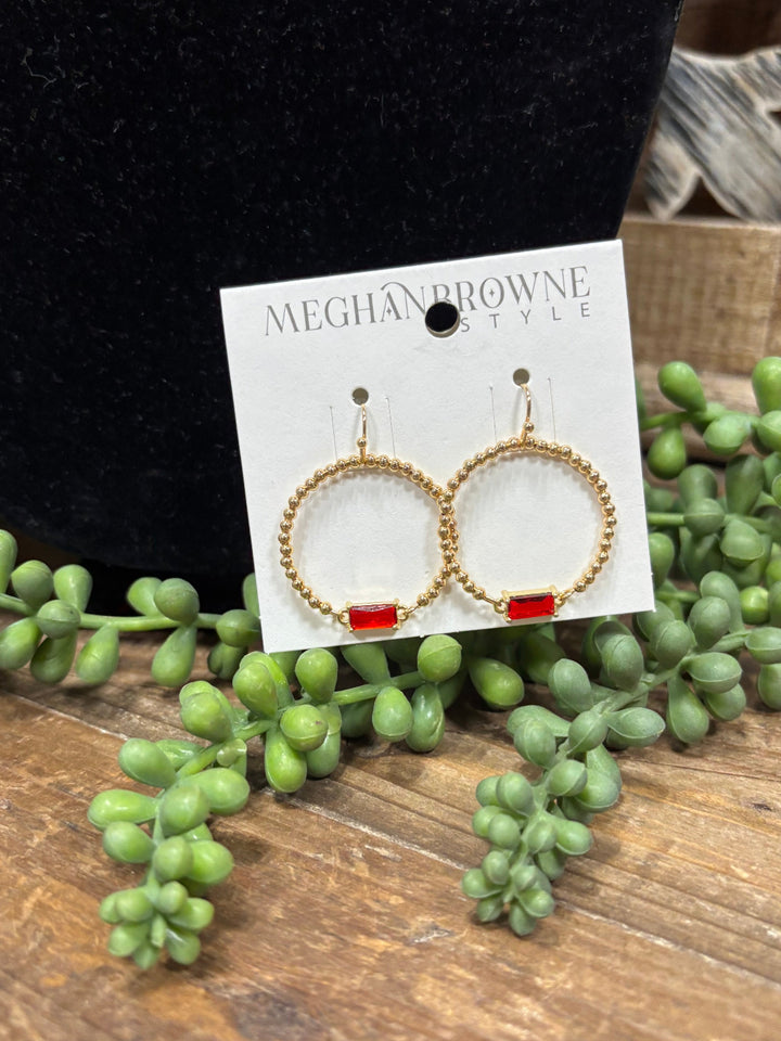 San Gold Hoops with Red Stone