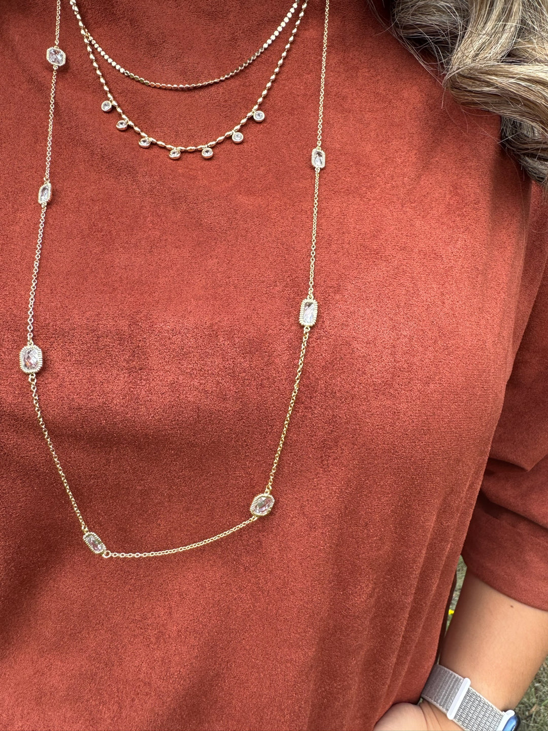 Febe Rhinestone Gold Long Necklace