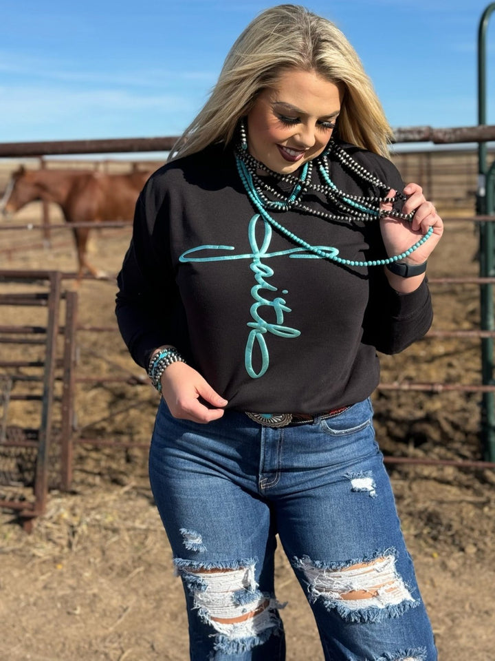 Faith in Teal Metallic Puff Sweatshirt by Texas True Threads