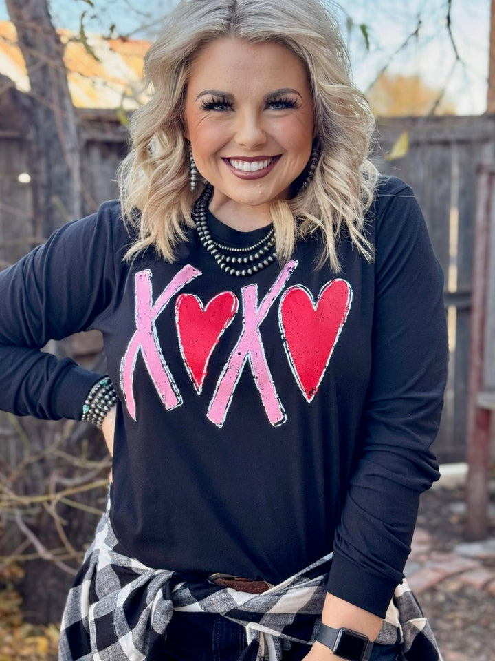 XOXO with Red Heart Long Sleeve Graphic Tee by Texas True Threads