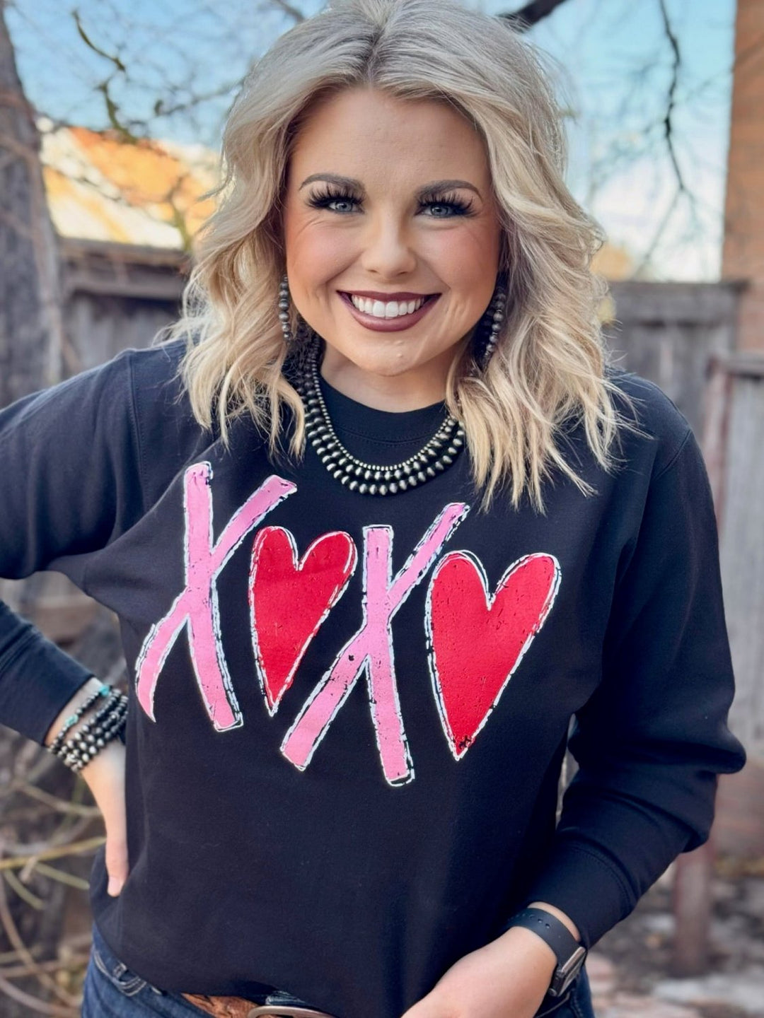 XOXO with Red Heart Long Sleeve Graphic Tee by Texas True Threads