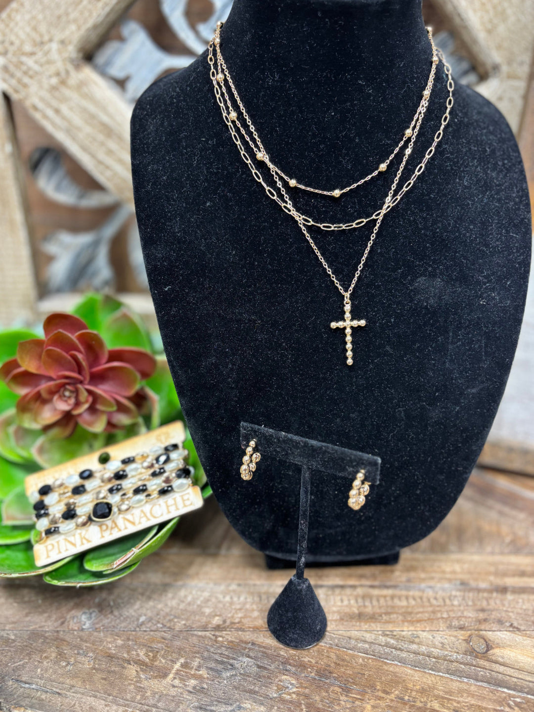 Miren 3 Strand Mixed Chain Cross Necklace
