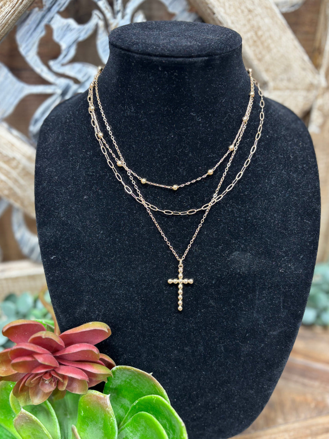 Miren 3 Strand Mixed Chain Cross Necklace