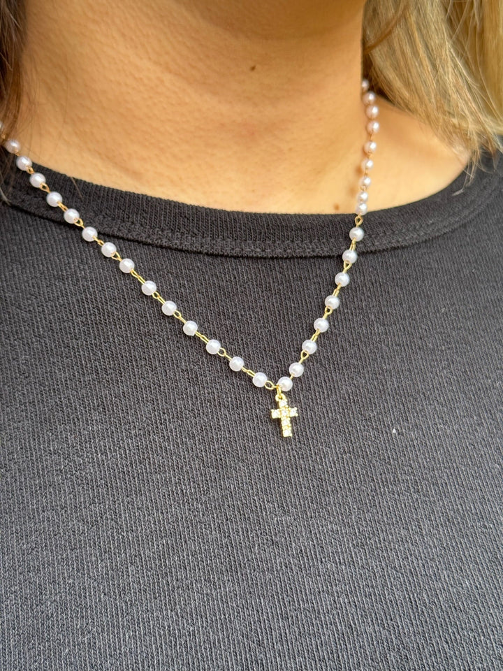 Gold Cross with Pearls Necklace