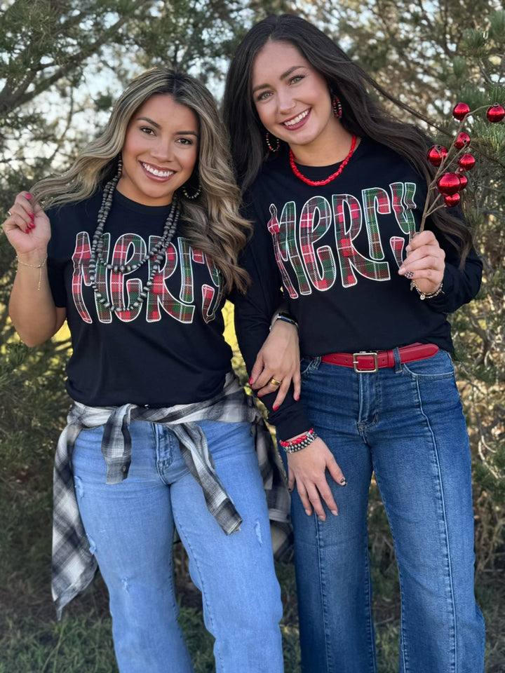 Merry in Red & Green Plaid Graphic Tee by Texas True Threads