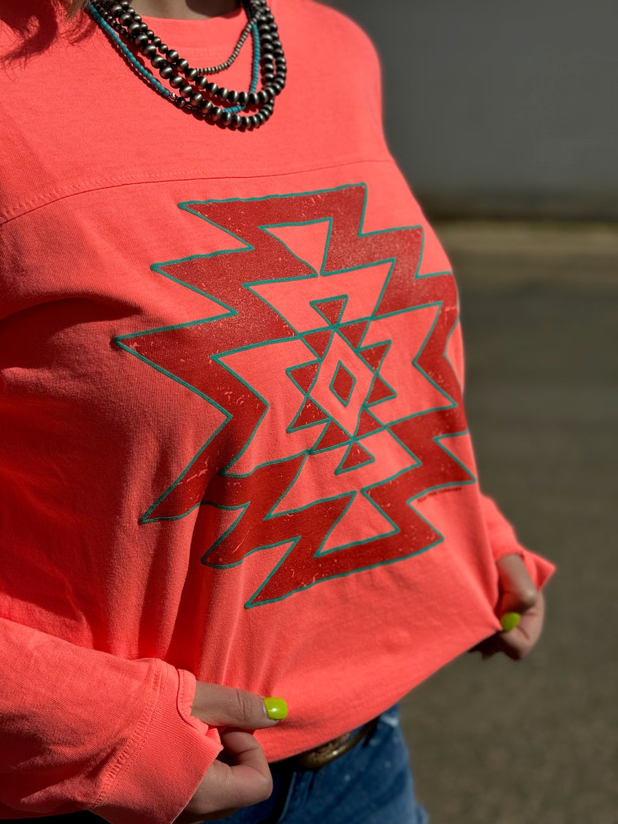 Long Sleeve Coral Aztec Puff Graphic Tee by Texas True Threads