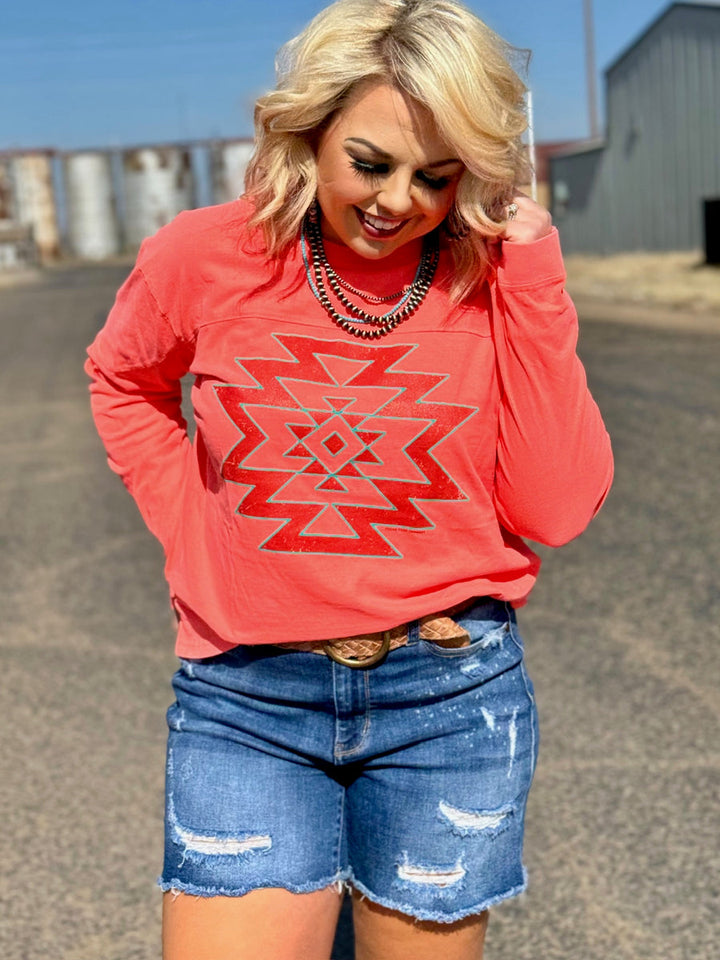 Long Sleeve Coral Aztec Puff Graphic Tee by Texas True Threads