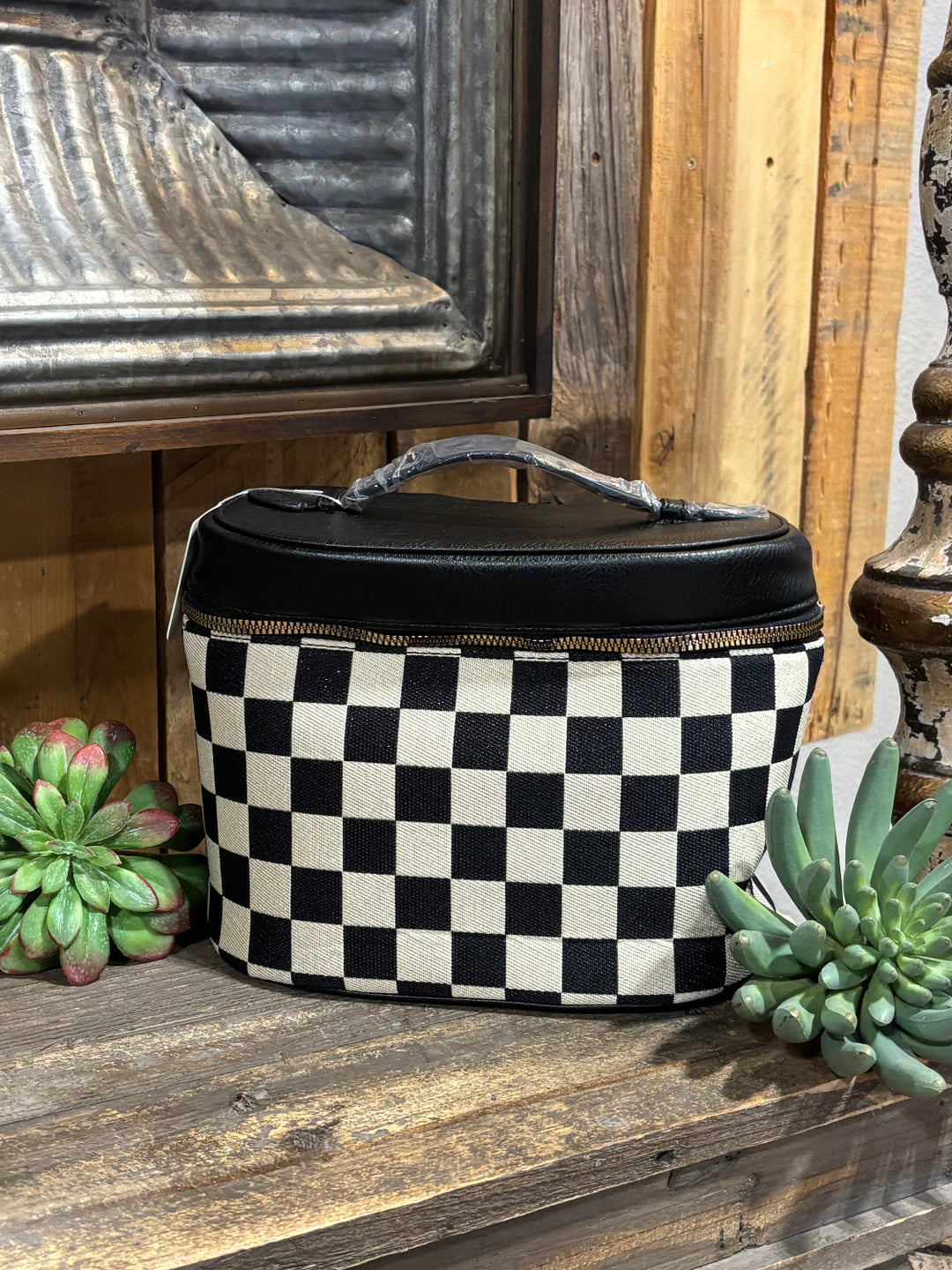 Portable Checkered Handle Cosmetic Bag