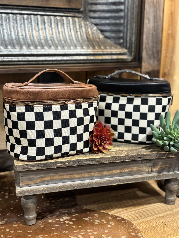 Portable Checkered Handle Cosmetic Bag