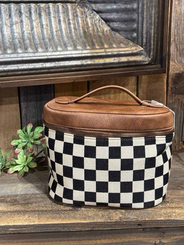 Portable Checkered Handle Cosmetic Bag