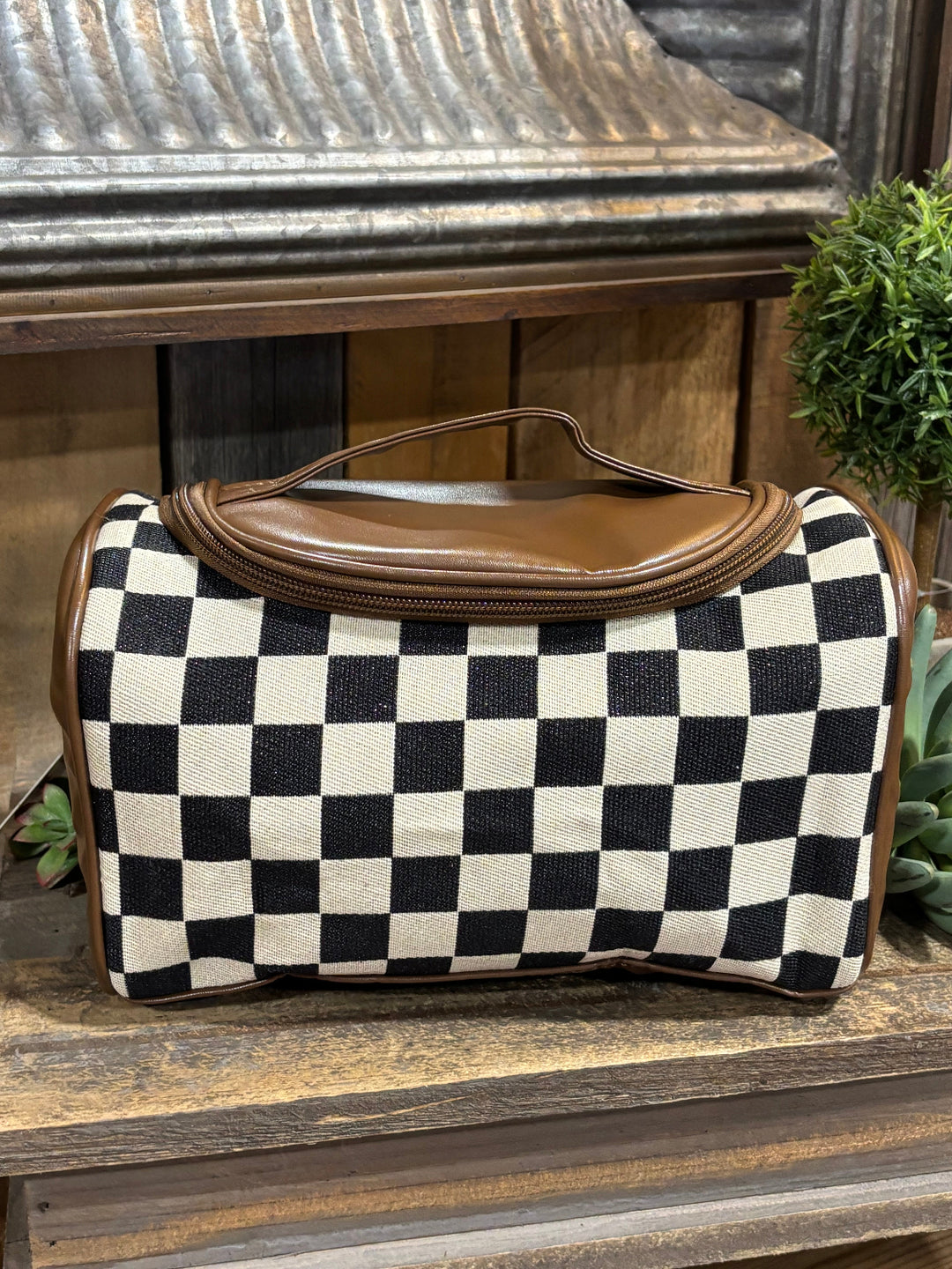 PU Checkered Handle Cosmetic Bag