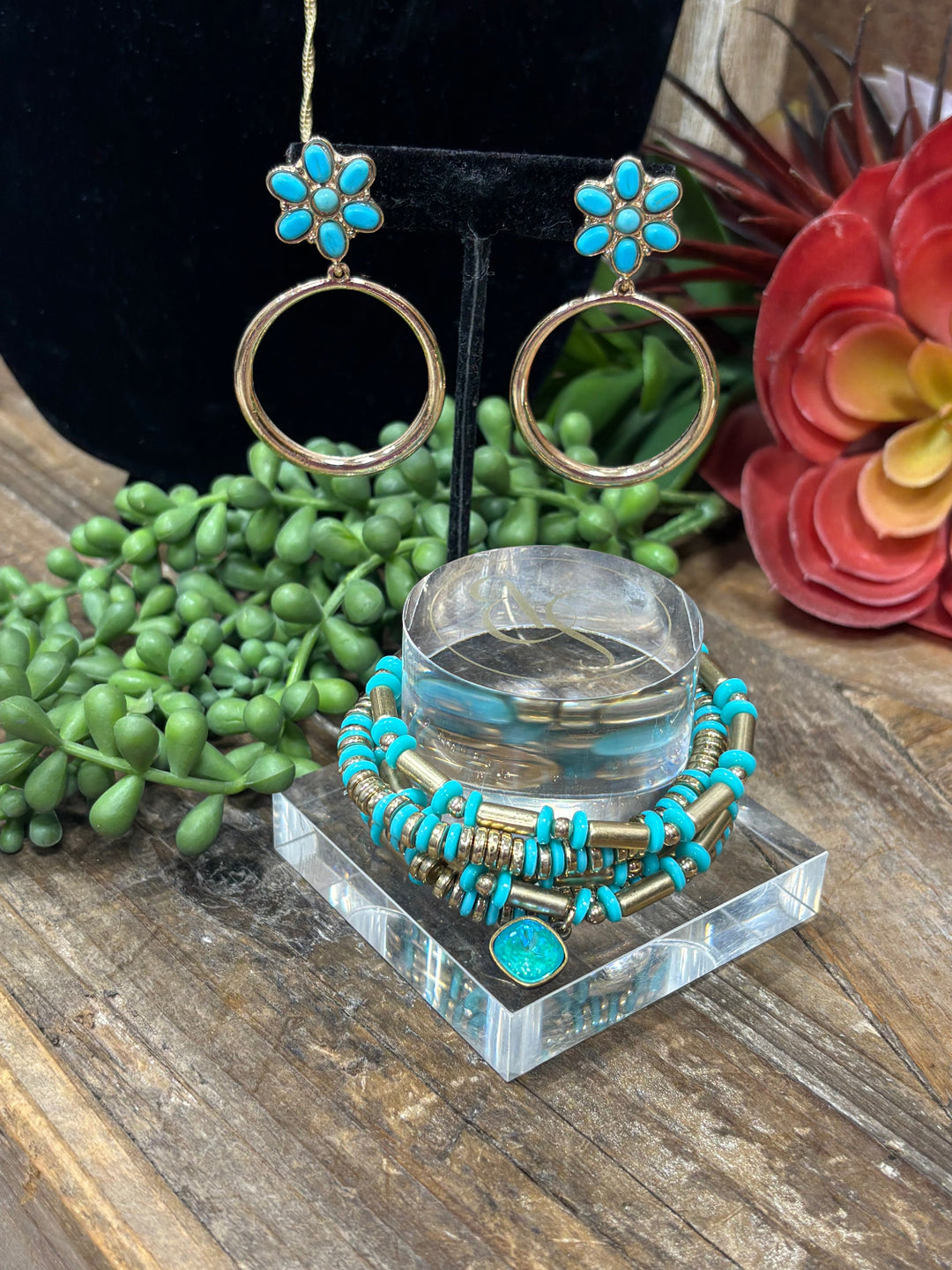 Gold & Turquoise Flower Earring
