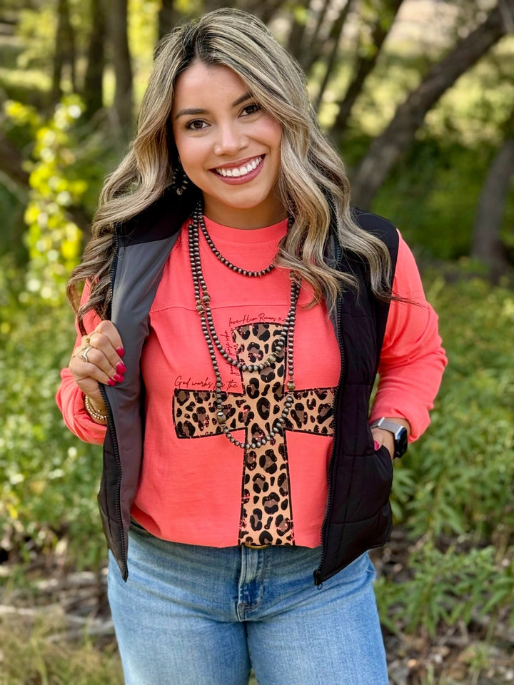 Leopard Cross Long Sleeve Graphic Tee by Texas True Threads