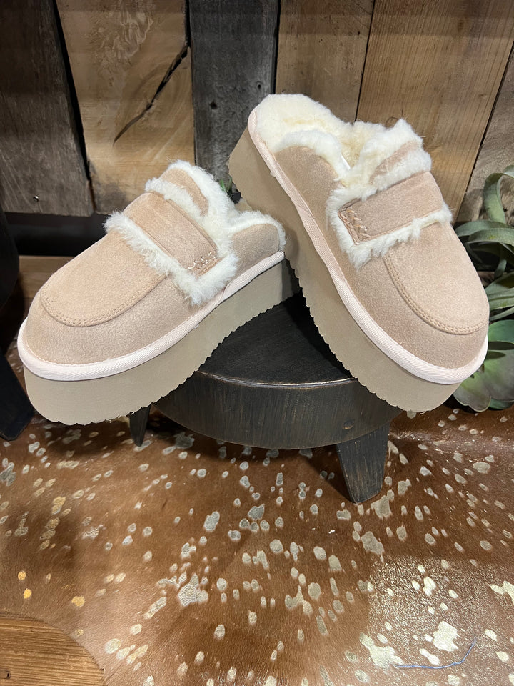 Veg Out Sand Faux Suede Platform Slide by Corkys