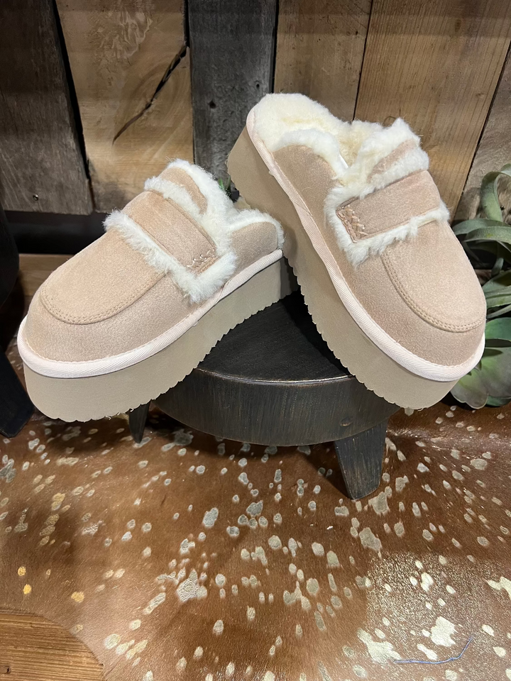 Veg Out Sand Faux Suede Platform Slide by Corkys