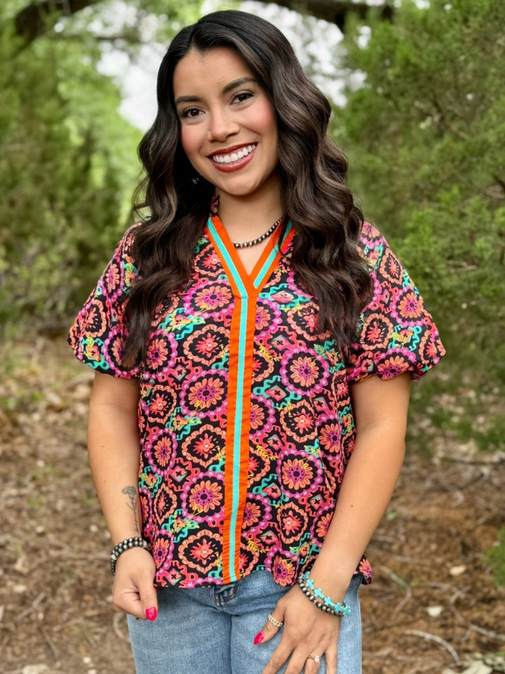 Floral Contrast V-Neck Top