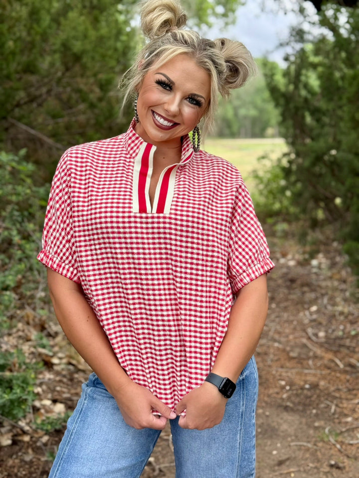 Elvie V-Neck Checked Top