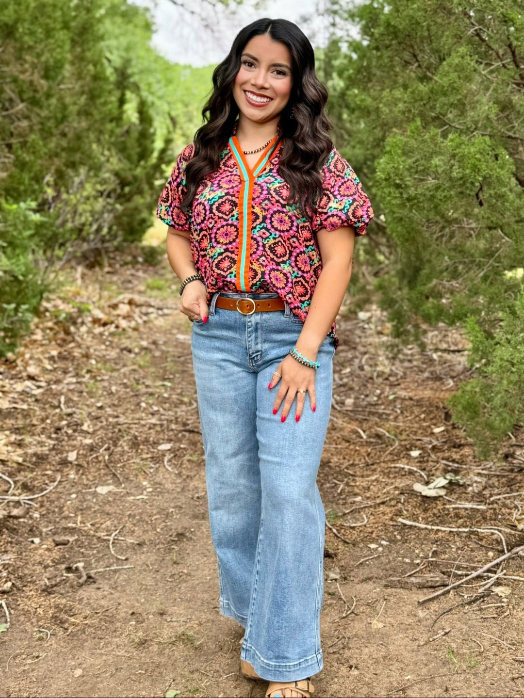 Floral Contrast V-Neck Top