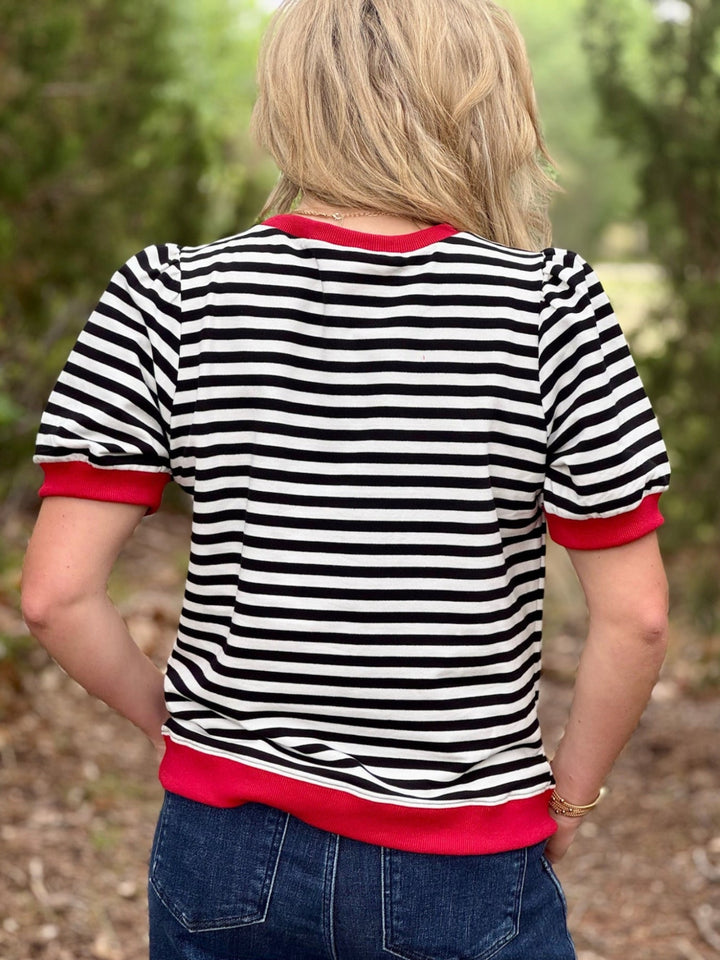 Cloette Striped Top with Red Trim