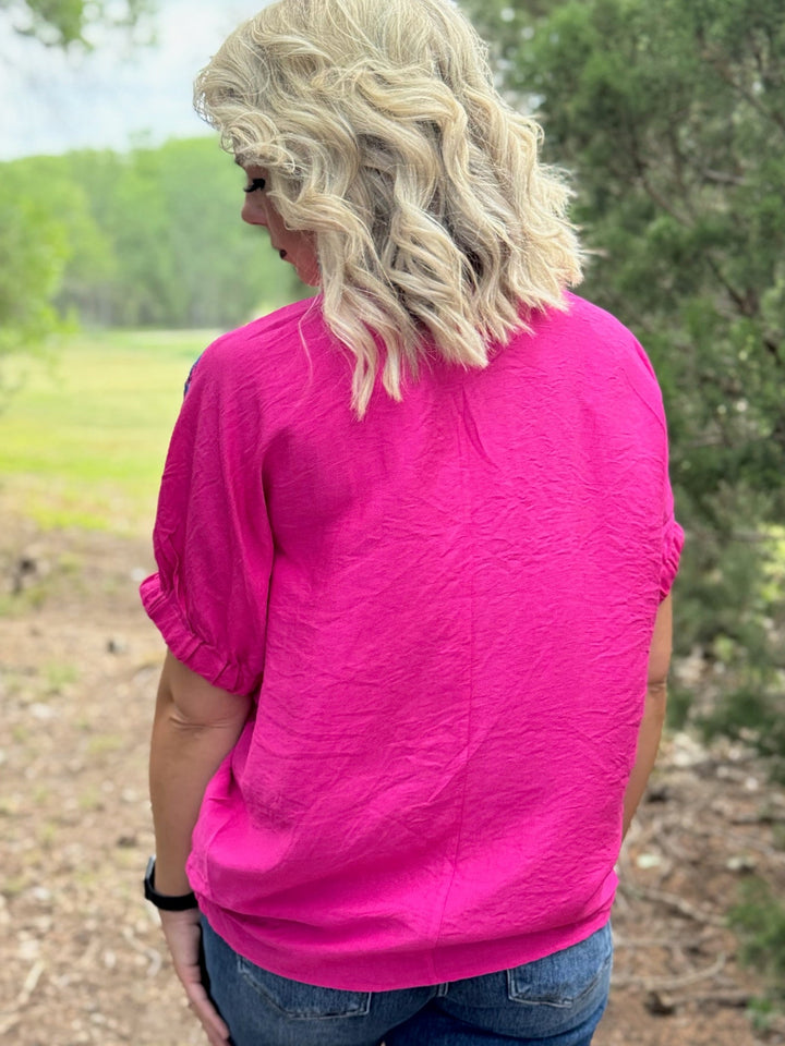 Fuchsia Bright Embroidered Sleeve Blouse