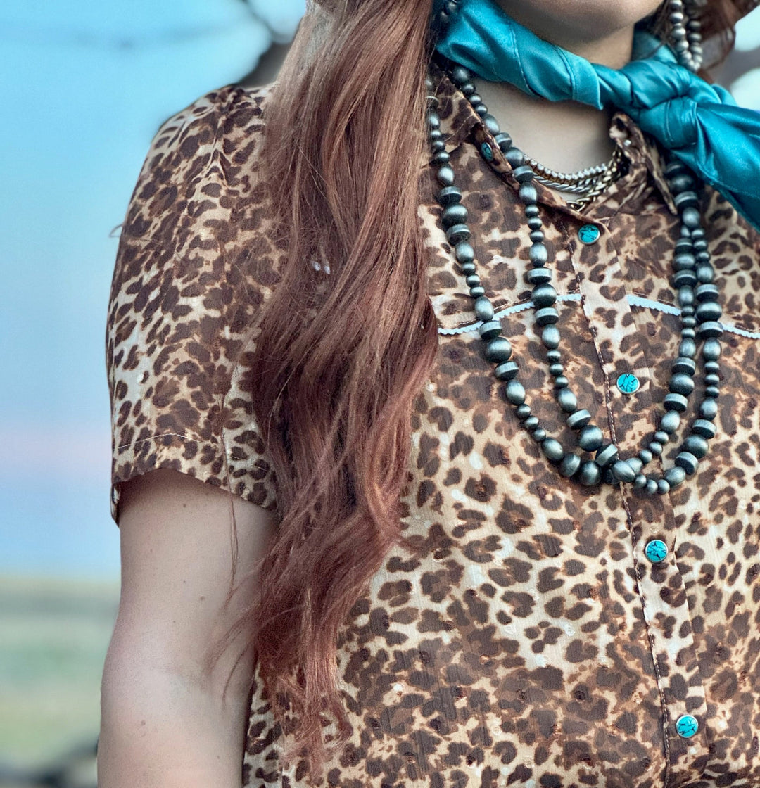 Avri Turquoise Snap Leopard Top