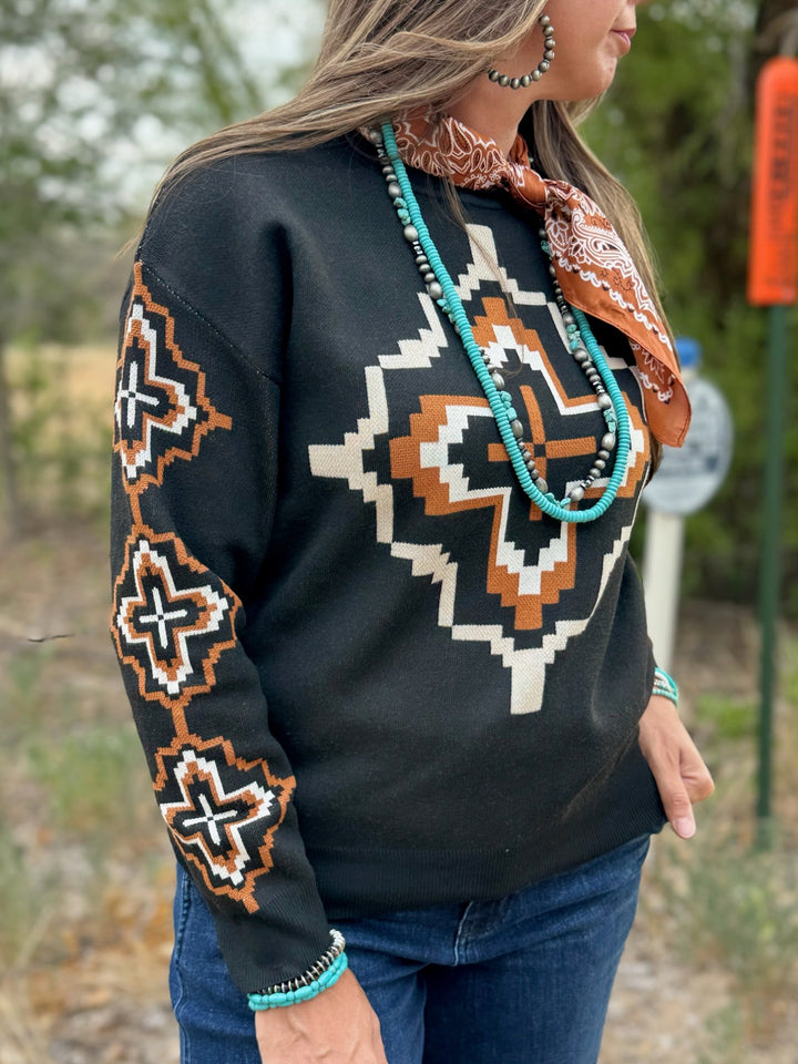 Rowdy Crowd Black Aztec Sweater