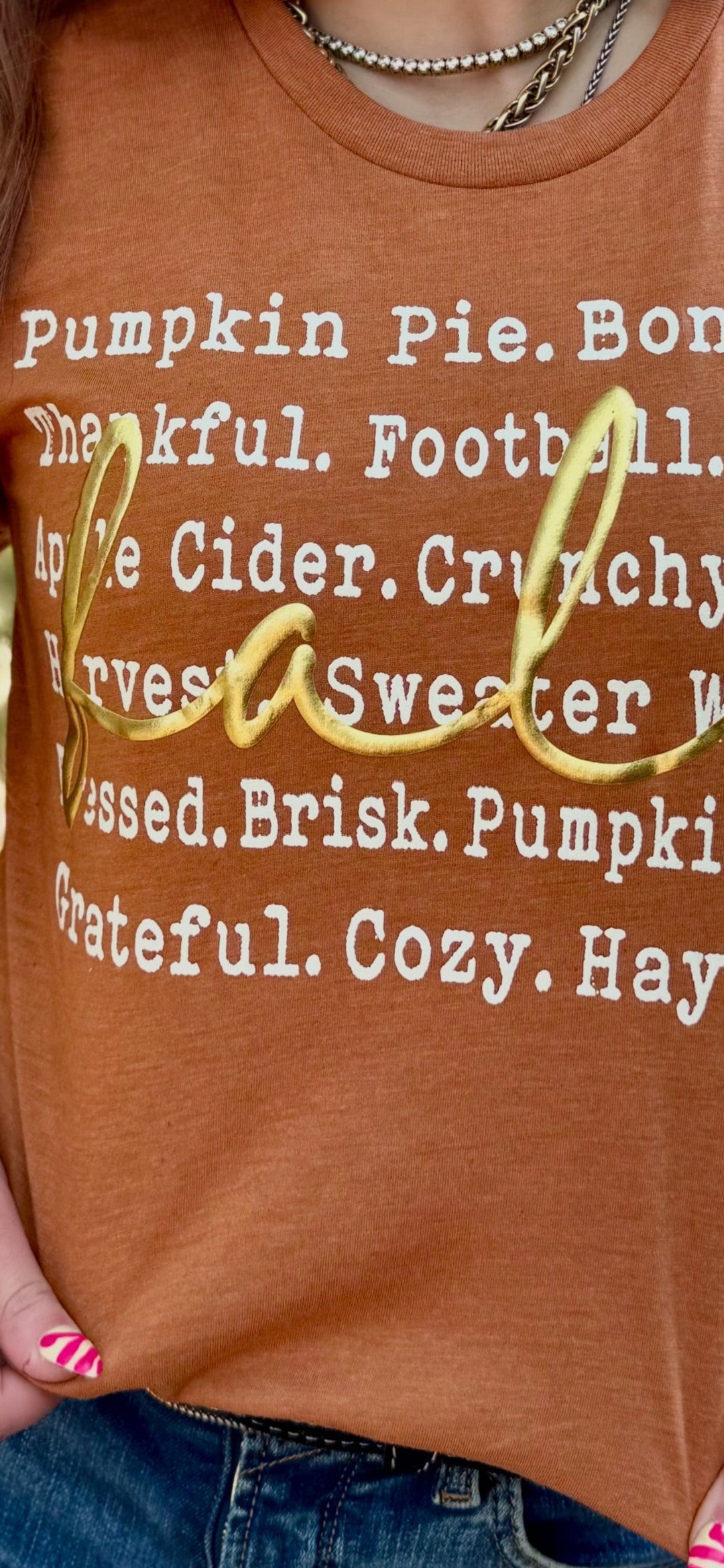 Words Of Fall With Metallic Puff Graphic Tee by Texas True Threads
