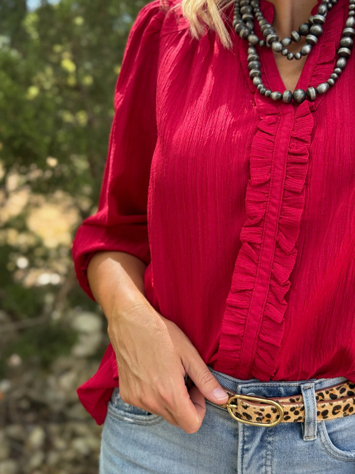 Crimson V-Neck Ruffle Top