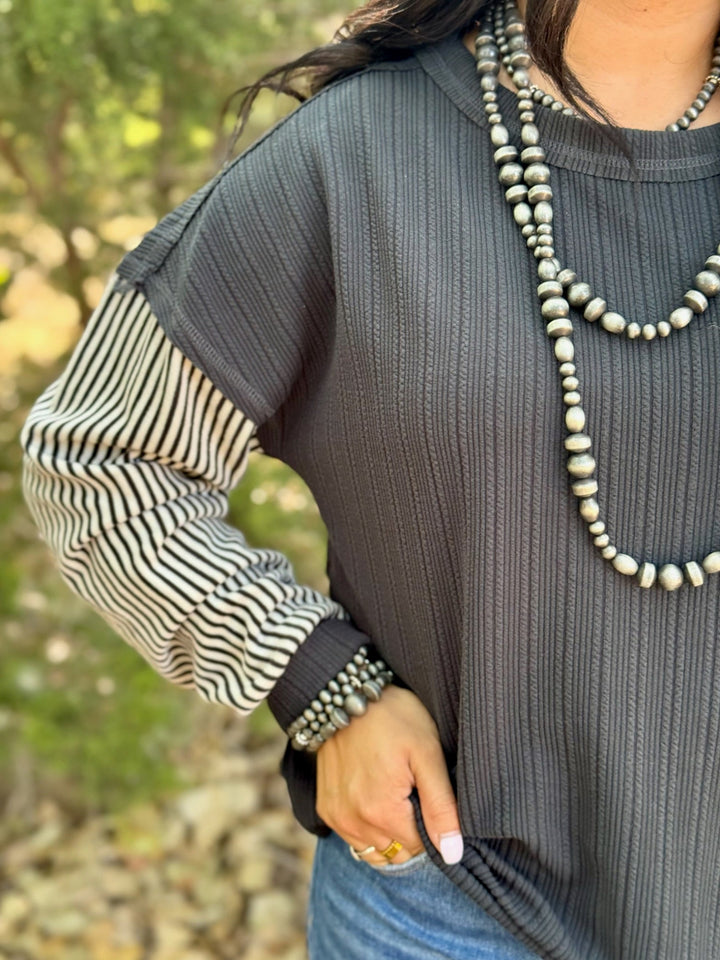 Charcoal Grey Top with Striped Sleeves