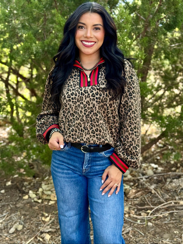 Leopard 1/4 Zip Top With Red Contrast