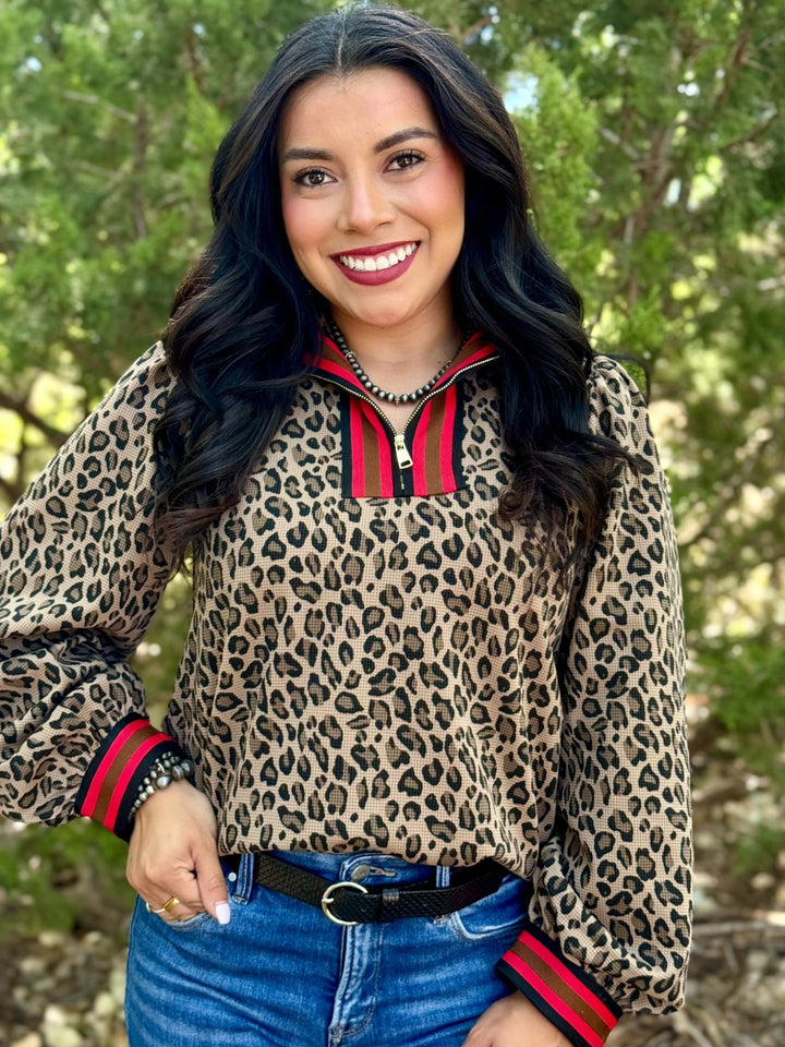 Leopard 1/4 Zip Top With Red Contrast